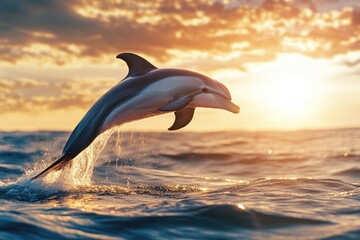 A dolphin leaps gracefully above the shimmering ocean waves at sunset, capturing the beauty of marine life and nature's wonders.