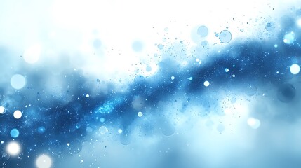 Abstract blue and white background with bokeh lights and a wavy cloud-like shape.
