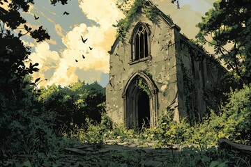 Obraz premium Time's Embrace: A Crumbling Church, Swallowed by Nature's Tapestry