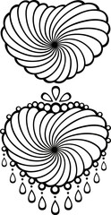 Spiral heart simple and stylized with beads. Tattoo, intricate design and decor element, for coloring book pages. Highly detailed and accurate lines for print or engraving