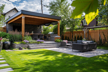 Modern backyard patio with pergola and outdoor kitchen on a sunny summer day