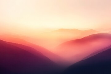 Stunning landscape showcasing misty mountains at sunset, with vibrant colors creating a tranquil and serene atmosphere.