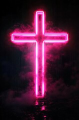 
Neon pink cross on a black background

