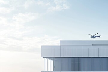 Obraz premium A helicopter hovers above a sleek, modern building, its rotors casting a shadow on the white facade.