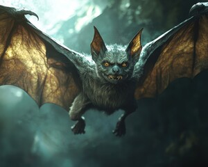 Obraz premium Vampire bat transformation scene, human morphing into bat form, dynamic motion, dark and mystical setting, eerie details