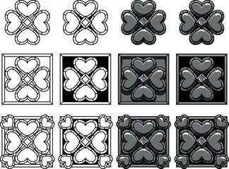 Set of hearts with frames and stones in different variation. Tattoo, intricate design and decor element. Highly detailed and accurate lines for print or engraving. Adjustable colors in separate groups