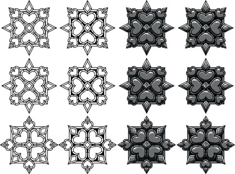 Set of hearts with frames and stones in different variation. Tattoo, intricate design and decor element. Highly detailed and accurate lines for print or engraving. Adjustable colors in separate groups
