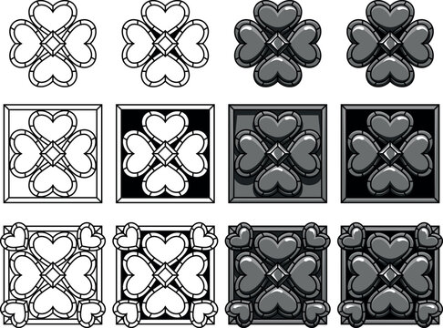 Set of hearts with frames and stones in different variation. Tattoo, intricate design and decor element. Highly detailed and accurate lines for print or engraving. Adjustable colors in separate groups