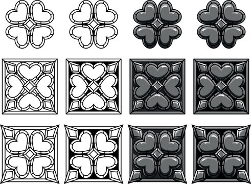 Set of hearts with frames and stones in different variation. Tattoo, intricate design and decor element. Highly detailed and accurate lines for print or engraving. Adjustable colors in separate groups