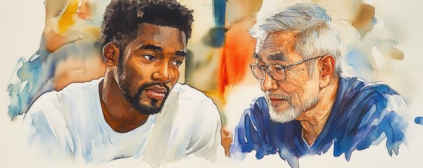 Obraz premium Emotional Watercolor Portrait of Young Black Man and Elderly Asian Man in Therapy Session
