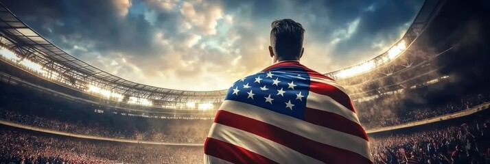 An athlete with an American flag on his shoulders stands at the stadium during a sporting event