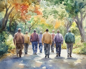 Obraz premium Reflecting on Mental Health Journey - Diverse Men Walking Together in Watercolor Park Scene