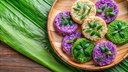 Sweet crispy rice cracker with cane sugar drizzle, Thai snack made from glutinous rice, green color from pandan leaves, purple from butterfly pea flowers, top view with copy space