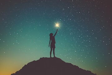 A lone figure, silhouetted against a star-studded night sky, reaches out to touch a bright star, symbolizing ambition and the pursuit of dreams.