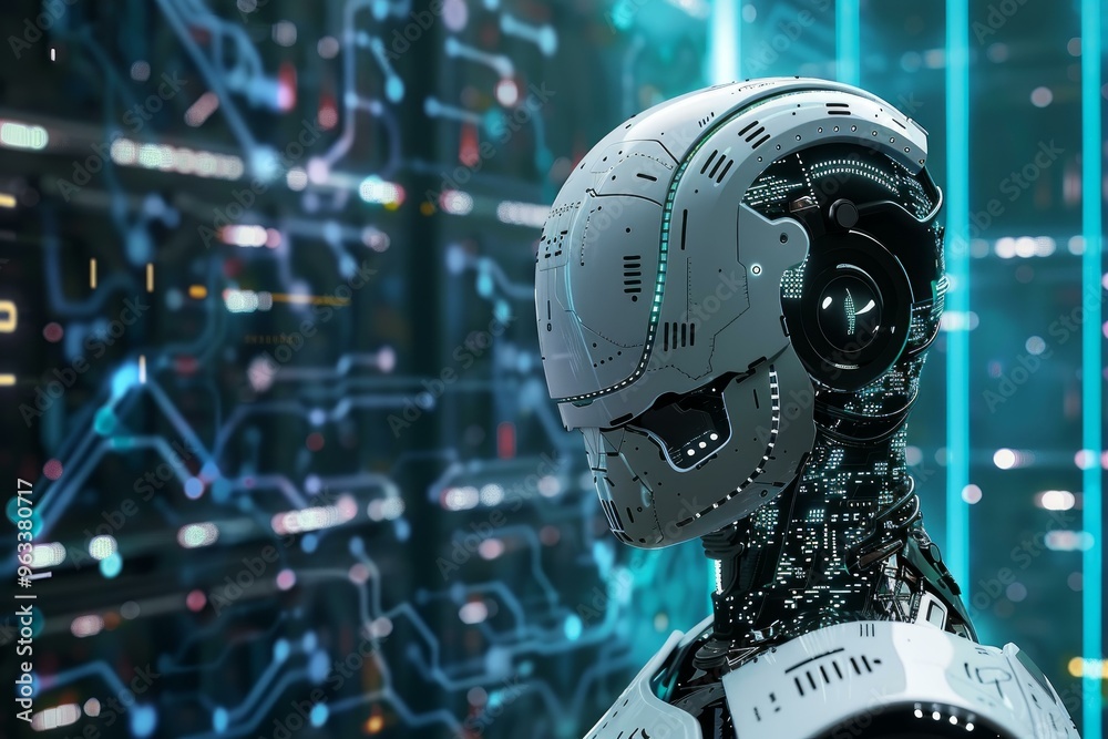 Poster robot is standing in a server room, analyzing data and using artificial intelligence