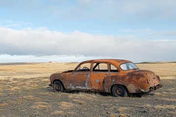 Fototapeta premium A Rusty Relic Stands Alone in a Vast, Desolate Landscape, a Silent Witness to Time's Unrelenting Grip.
