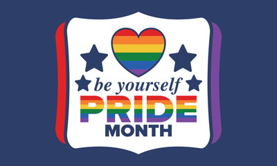 LGBT Pride Month in June. Lesbian Gay Bisexual Transgender. Celebrated annual. LGBT flag. Rainbow love concept. Human rights and tolerance. Poster, card, banner and background. Vector illustration