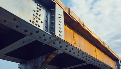 Obraz premium A low angle view of a rusted steel bridge against a blue sky.