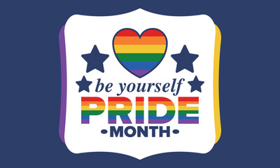 LGBT Pride Month in June. Lesbian Gay Bisexual Transgender. Celebrated annual. LGBT flag. Rainbow love concept. Human rights and tolerance. Poster, card, banner and background. Vector illustration