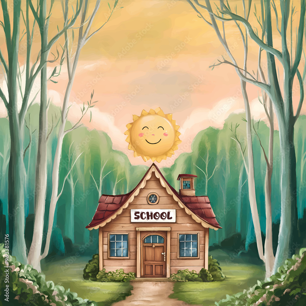 Wall mural illustration of a small, charming school building made of wood against a backdrop of pastel yellow s