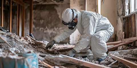 An asbestos removal specialist carefully removes hazardous materials from an old building