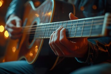 Fototapeta premium A close up of a persons hands skillfully playing a musical instrument such as a guitar or piano