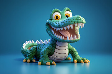 Fototapeta premium A cartoon crocodile with a big smile and sharp teeth, is shown on a light blue background.