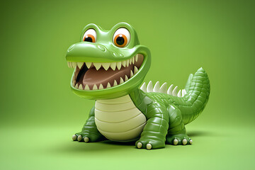 Fototapeta premium A 3D rendered cartoon alligator with a toothy grin and bright eyes, posing on a green background.