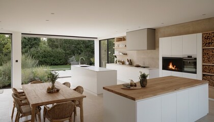 Fototapeta premium Modern minimalist apartment interior living room with fireplace. The Rookery, Holiday Cottage Scotland 61