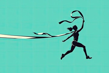 Fototapeta premium Triumphant Victory: A runner soars through the finish line, a black silhouette against a vibrant teal background, the ribbon billowing behind her.
