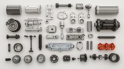 Highly detailed 3D render of automotive components and spare parts arranged on a white background