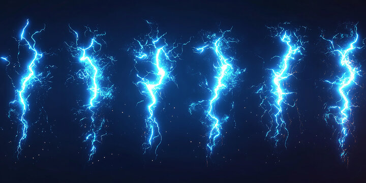 Animated frames of lightning strike, electric strike, magic electric strike and lightning effect. Blue glowing thunder lightning game assets