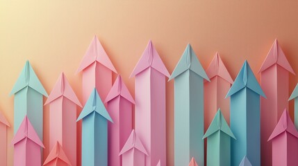 creating a concept of growth, progress and upward mobility. Colorful paper arrows arranged in a pattern against a soft peach background with varying shades of blue and pink