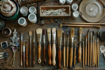 Painter is showing their collection of paintbrushes, resting on a wooden desk with paint stains