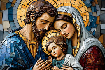 The image of the Holy Family, Jesus, Mary and Joseph in the form of a mosaic