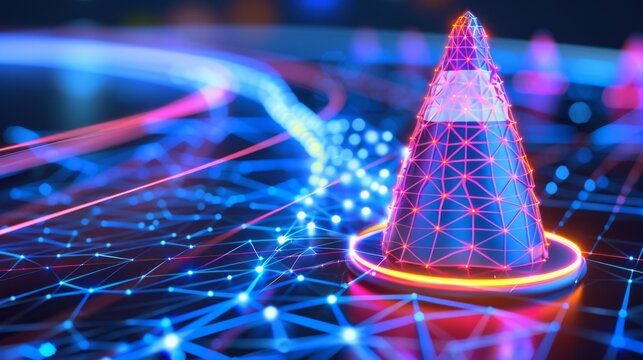 Digital traffic cone in low poly wireframe, Road Safety and Traffic Management, Virtual Construction and Road Maintenance, Virtual Training and Simulations for Traffic Safety.