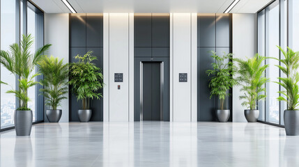Fototapeta premium Modern Office Building Lobby With Elevator and Plants.
