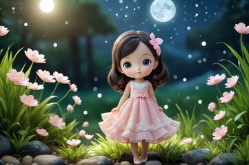 Fototapeta premium Cute little 3D doll in children's cartoon style, animated fantasy. Artistic background. Art illustration. Book illustration. Cartoon stylized illustrated art.