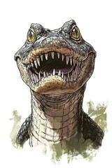 Obraz premium Smiling crocodile ink drawing, detailed front view illustration on white background