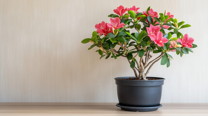 Pink Flower Bonsai on Wooden Table.
