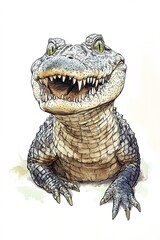 Obraz premium Smiling crocodile ink drawing, detailed front view illustration on white background