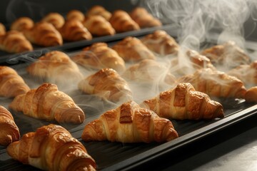 Two freshly baked tray of French croissants with steam coming off them