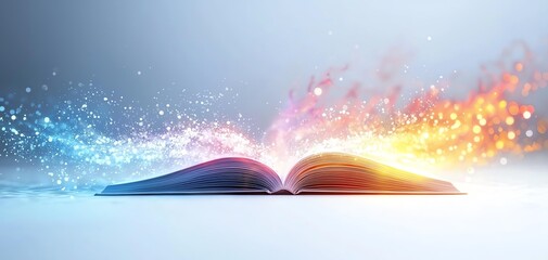 Created image of open book with magical glitter-colors glowing from its page.