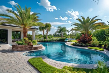 Beautiful backyard with pool, tropical plants, and patio in Lakeetown, Florida on a sunny day, featuring a panoramic view and garden landscape design.