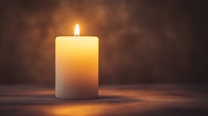 A single white candle burns brightly on a dark surface.