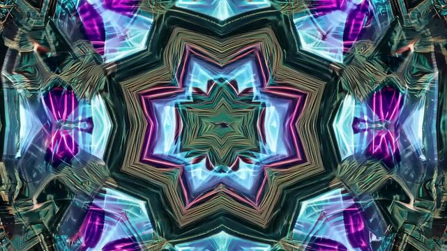 A vibrant, symmetrical pattern pulsates with rhythmic intensity, revealing intricate details against a dark background as the camera zooms in. The colors transition smoothly, enhanced by cinematic