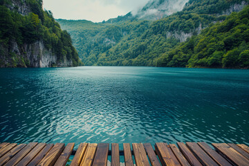 Serene mountain lake with wooden pier