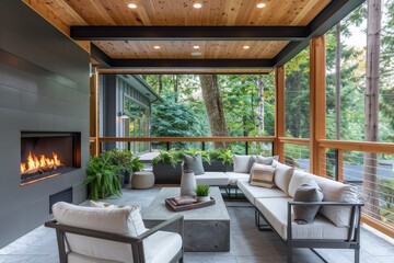 Fototapeta premium Modern covered porch with fireplace, concrete flooring, white chairs, and large windows, surrounded by wood fence and greenery in Seattle home exterior.