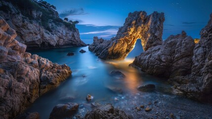 long exposure of a light in a coastal part with sea at night