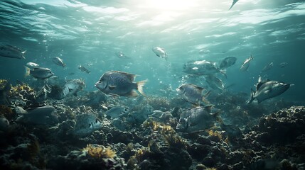 Fototapeta premium Depleted fish stocks in an overfished and warming ocean, highlighting the ecological imbalance and threats to food security posed by climate change.